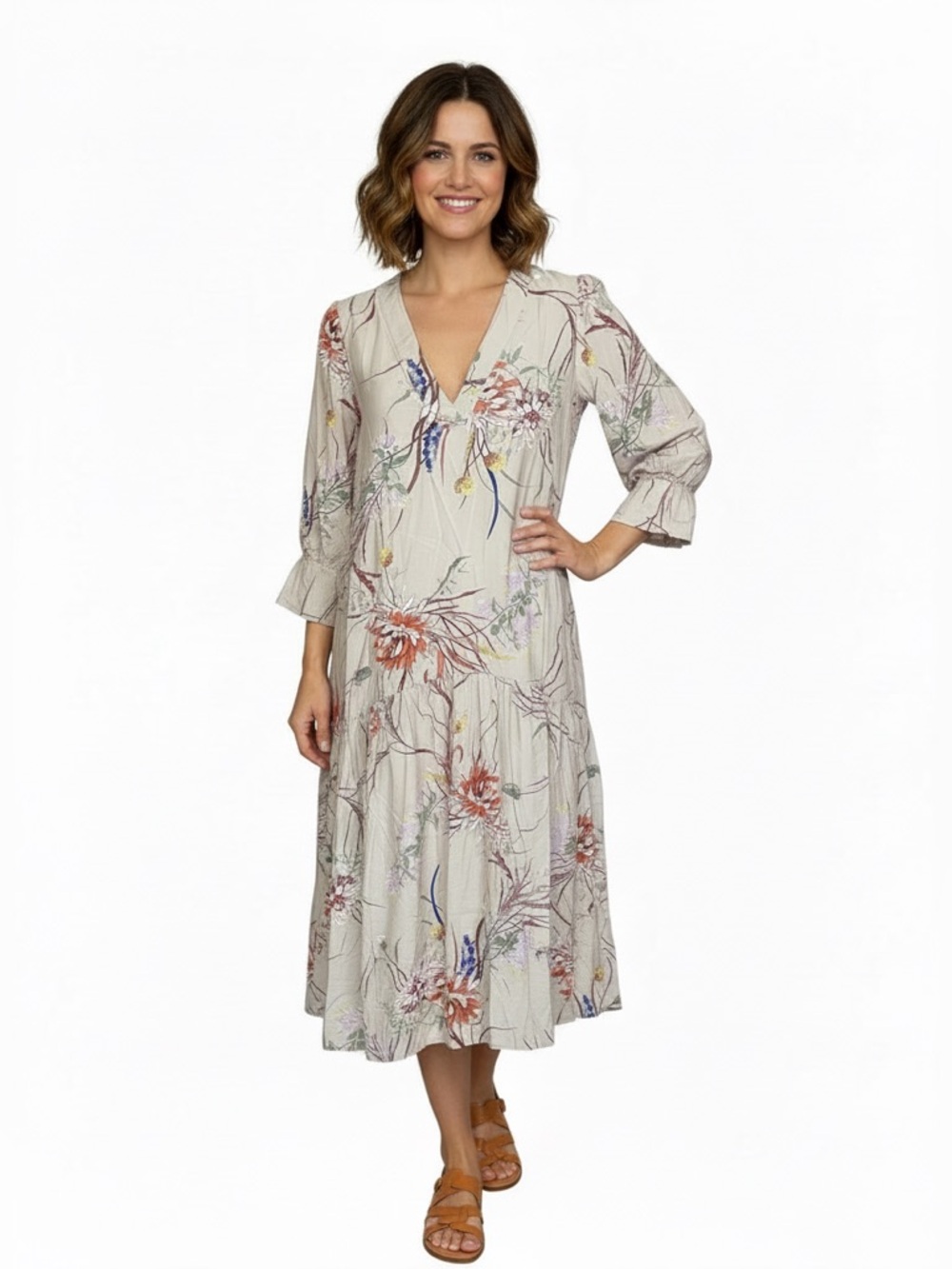H&M Floral Midi Dress in Cream with Multicolor Botanical Print